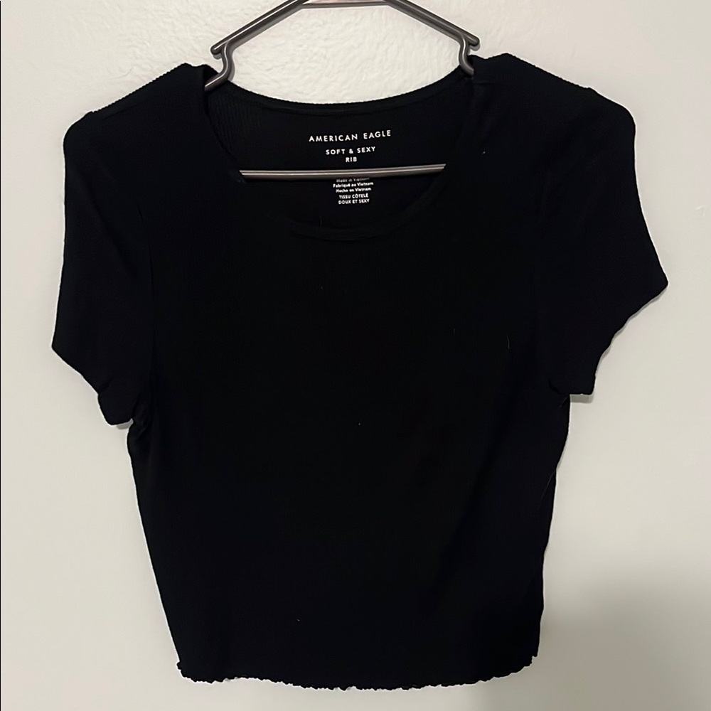 American Eagle Outfitters Black Crop Fitted T-Shirt